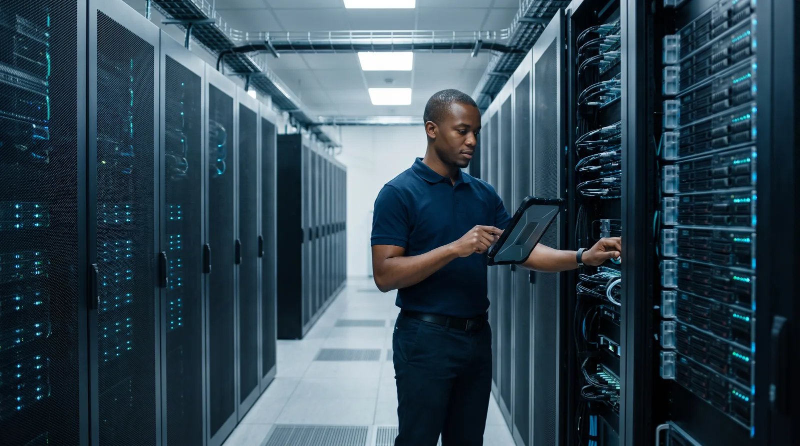 Engineer inspecting server racks in a modern data centre