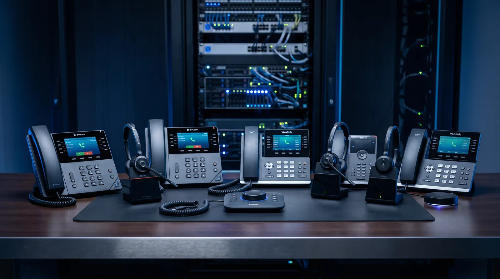 Modern VOIP desk phones and headsets with a communications server rack in the background