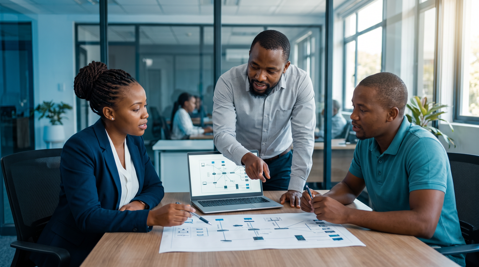 Team of IT consultants reviewing a network diagram in a Dar es Salaam office