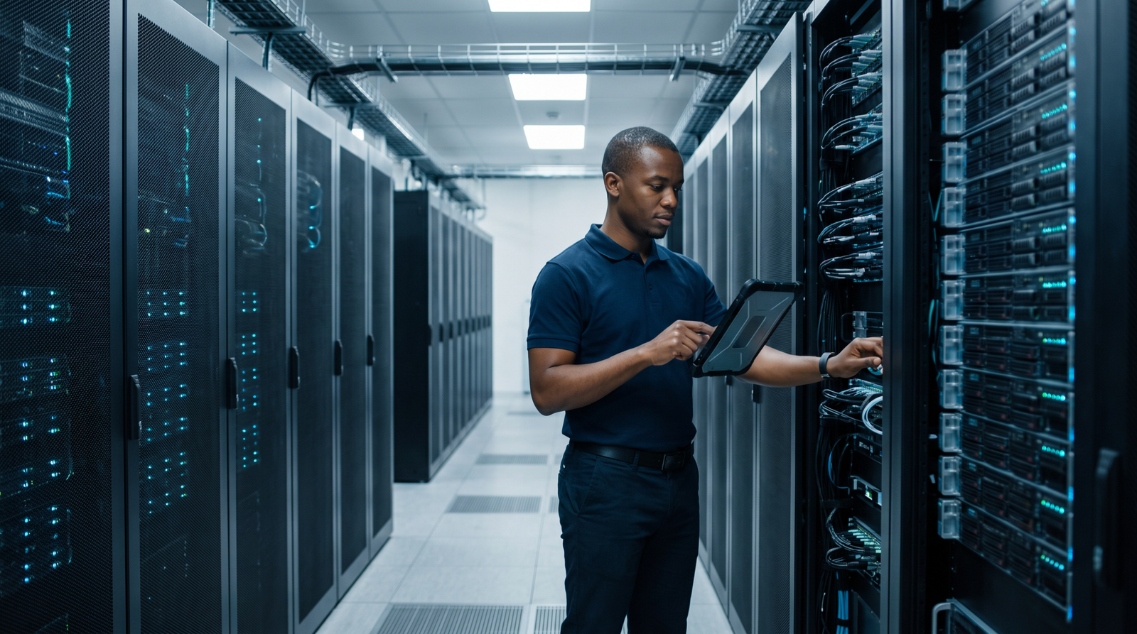 Engineer inspecting server racks in a modern data centre