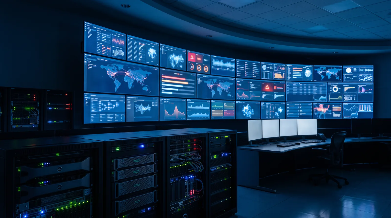 Cybersecurity operations center monitors displaying network threat detection dashboards