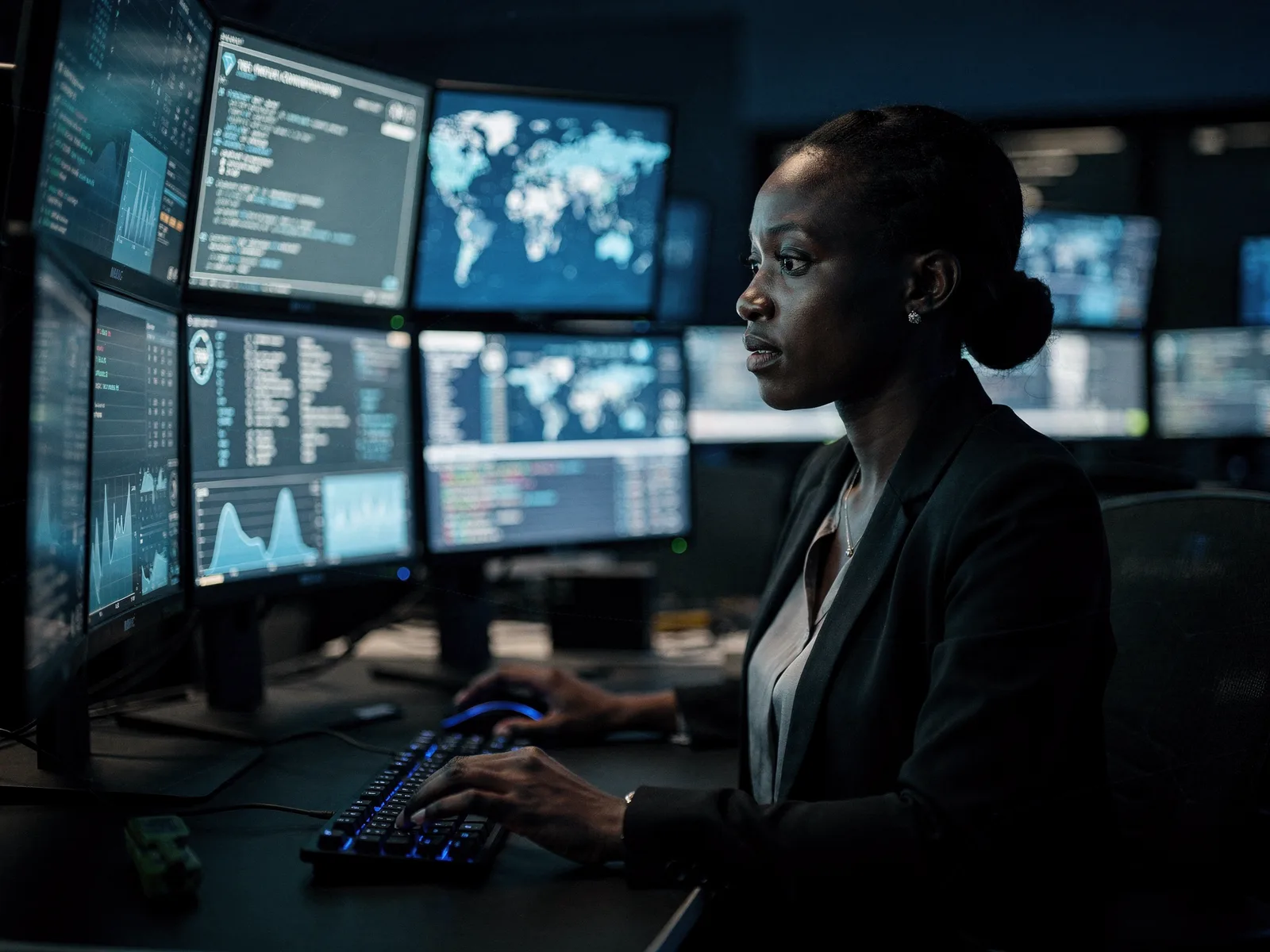 Security analyst monitoring threat dashboards in a dark security operations room