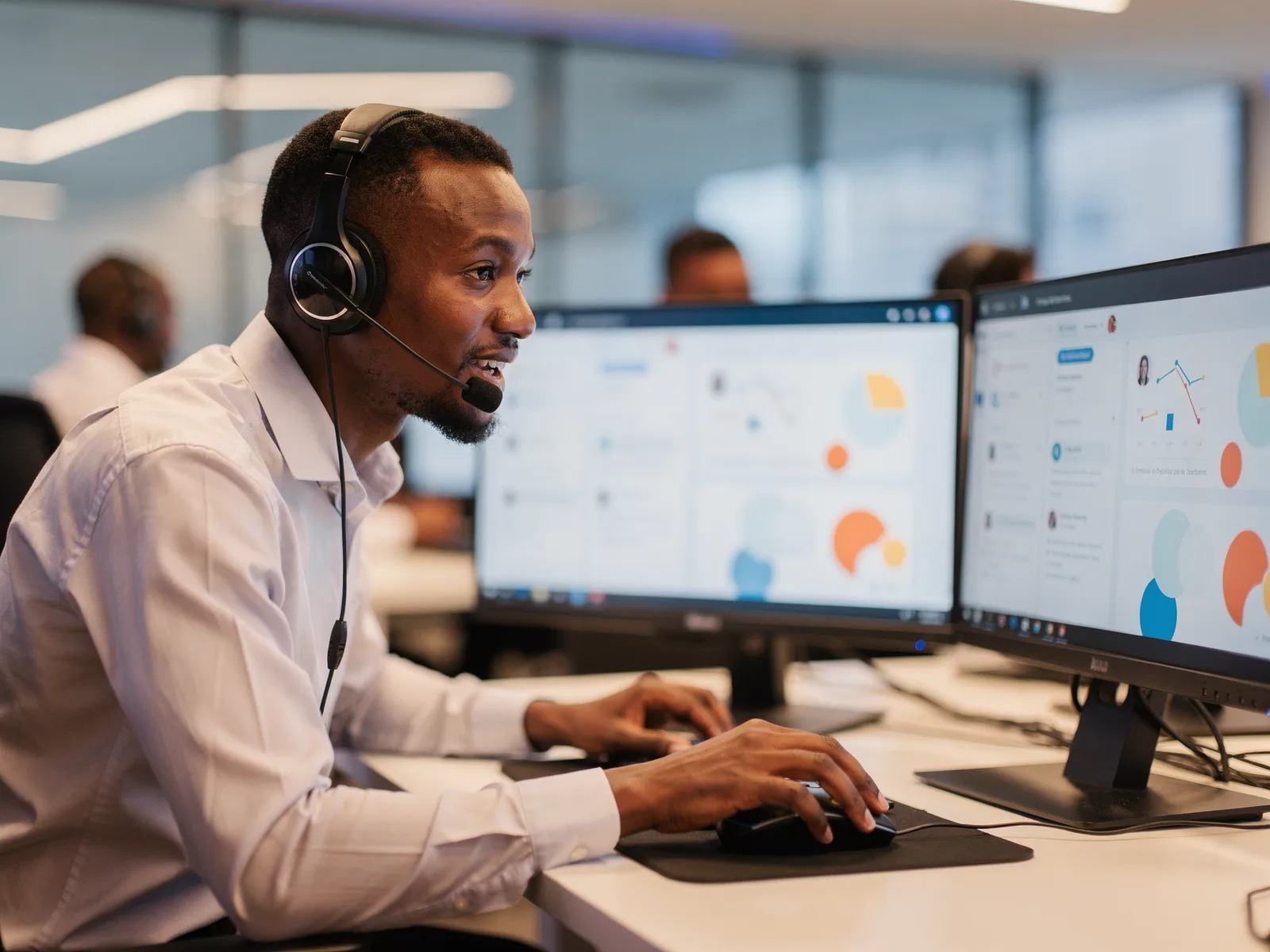 Contact centre agent wearing a headset at a modern workstation