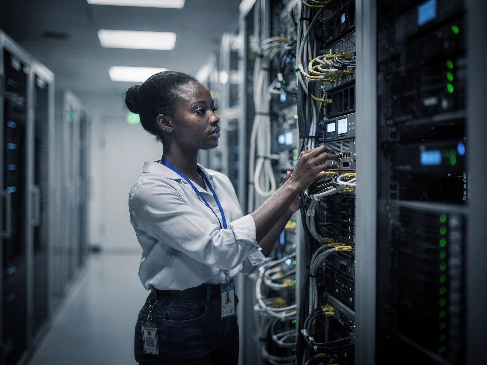 Specialist inspecting backup storage appliances for Business Continuity in a secure server room