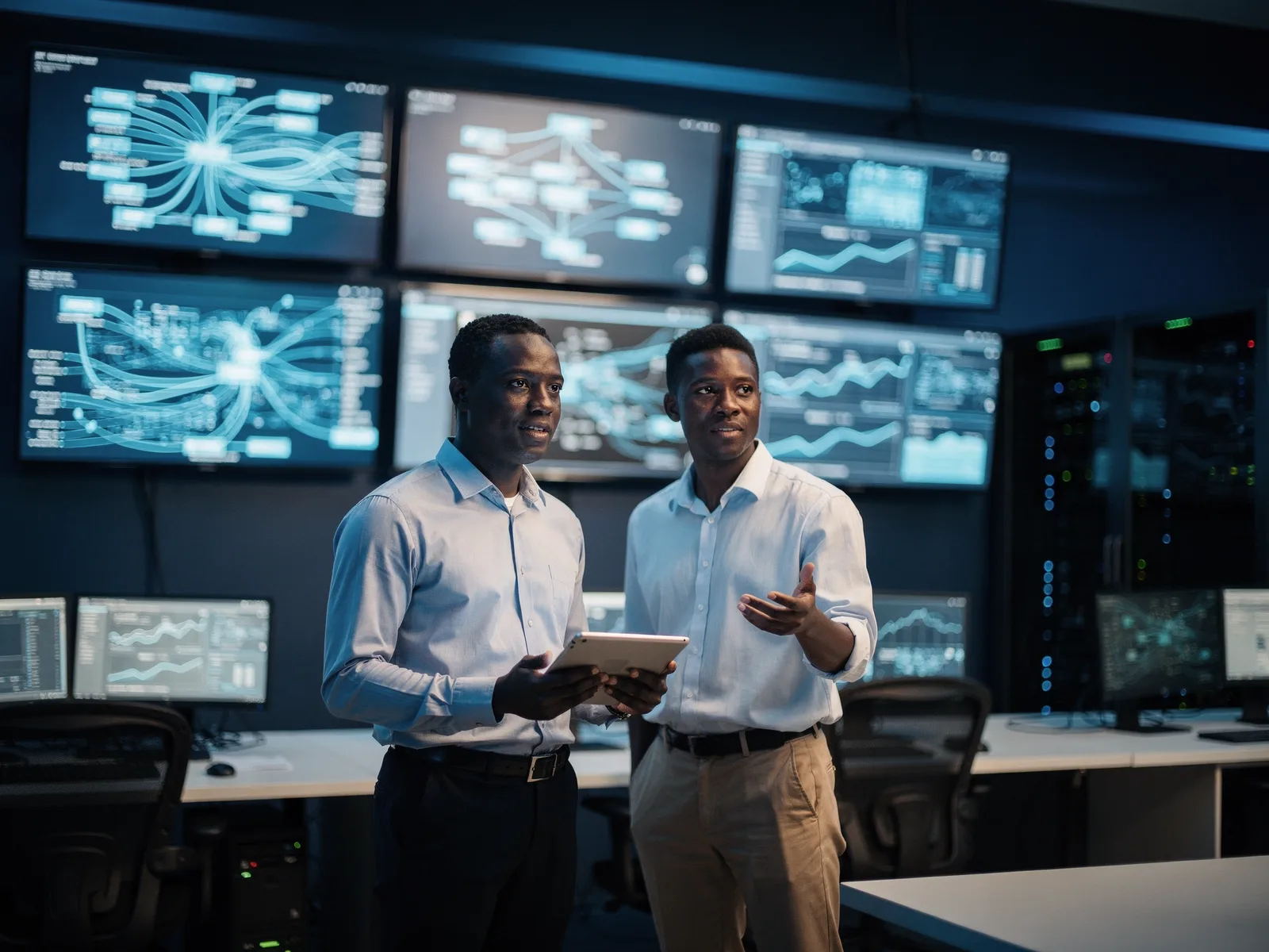 Two solutions engineers reviewing infrastructure and network dashboards in a control room