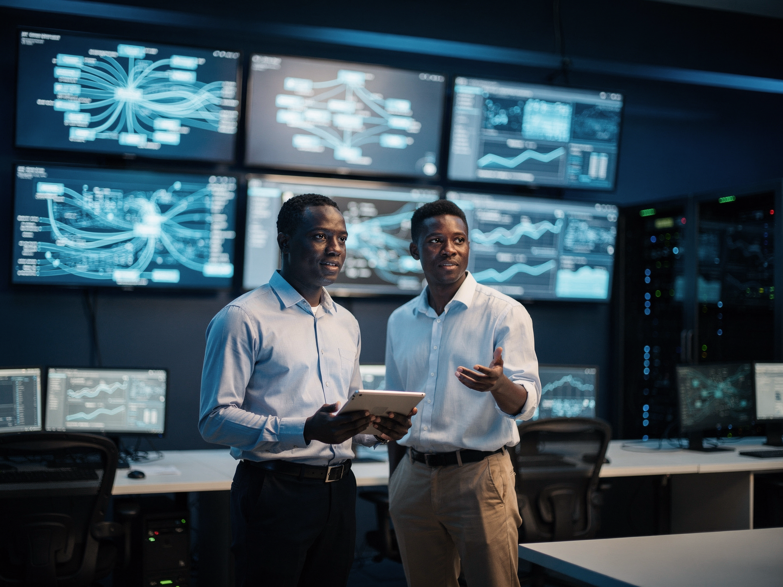 Two solutions engineers reviewing infrastructure and network dashboards in a control room